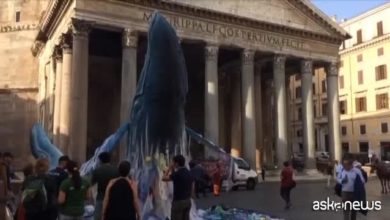 Balene in plastica davanti il Pantheon, l'azione di Greenpeace a Roma