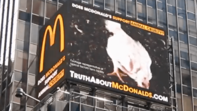 Campagna animalista a Times Square sui polli utilizzati da McDonald's
