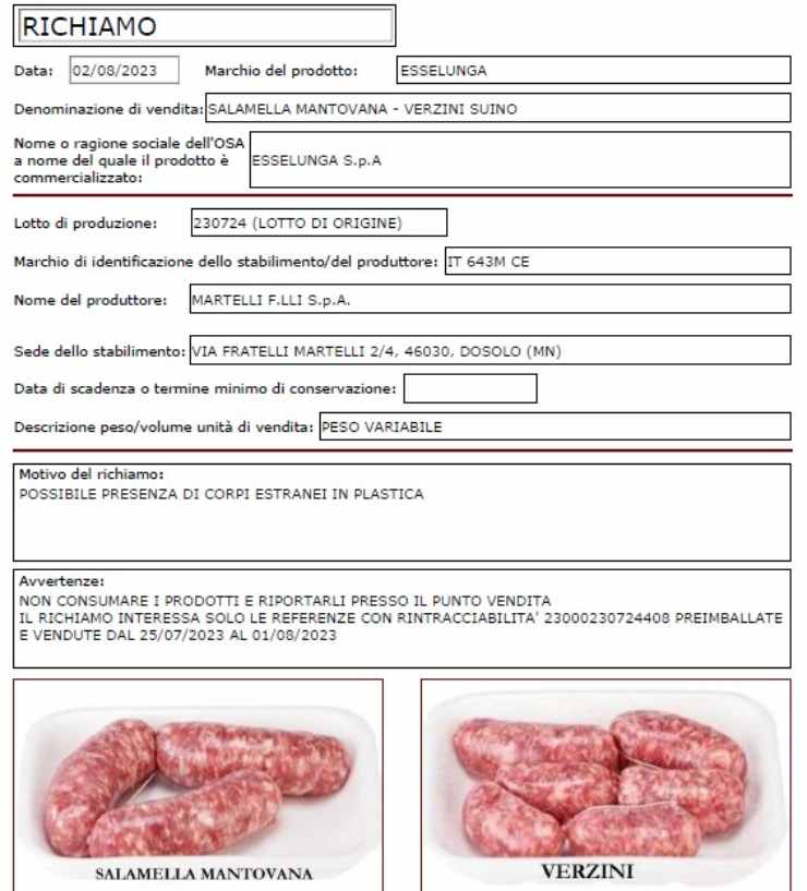 Comunicato ritiro salamella