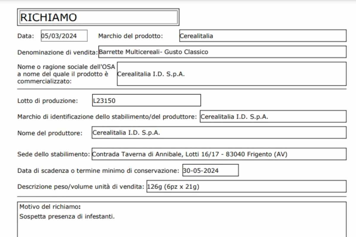 Ministero richiama barrette multicereali per problema microbiologico