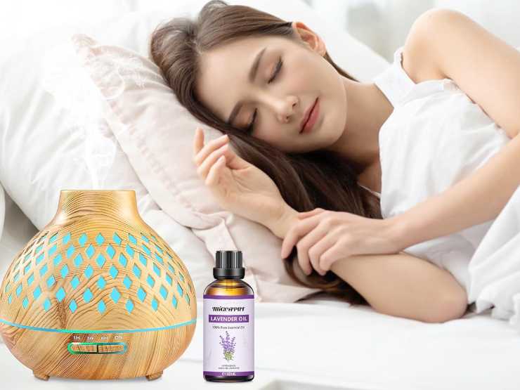una ragazza dorme con a fianco diffusore e olio essenziale