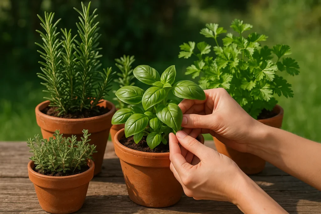 Coltivare piante aromatiche in cucina: basilico, prezzemolo, menta in vaso sul davanzale