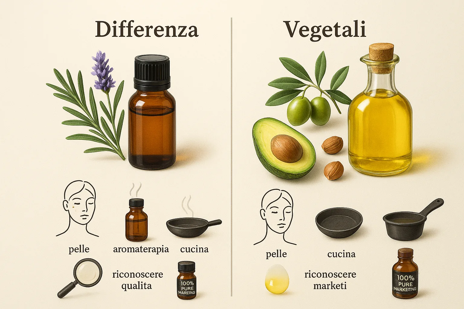Oli essenziali e vegetali: quale scegliere per cosa (e quando non servono)